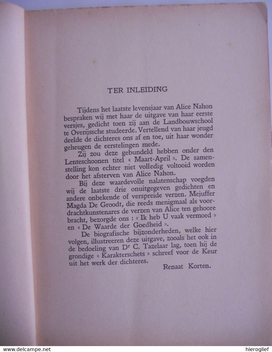 ALICE NAHON -- MAART - APRIL Jeugdgedichten E Nagelaten Verzen Verzameld Door Renaat Korten 1942 Antwerpen - Poesia