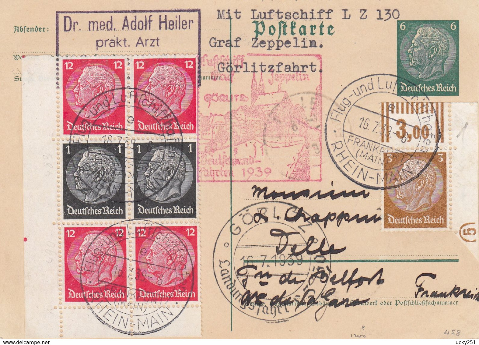 Zeppelin - 1939 - Allemagne - Carte Du 16/07/1939 - Vers La France - Territoire De Belfort - Zeppelin