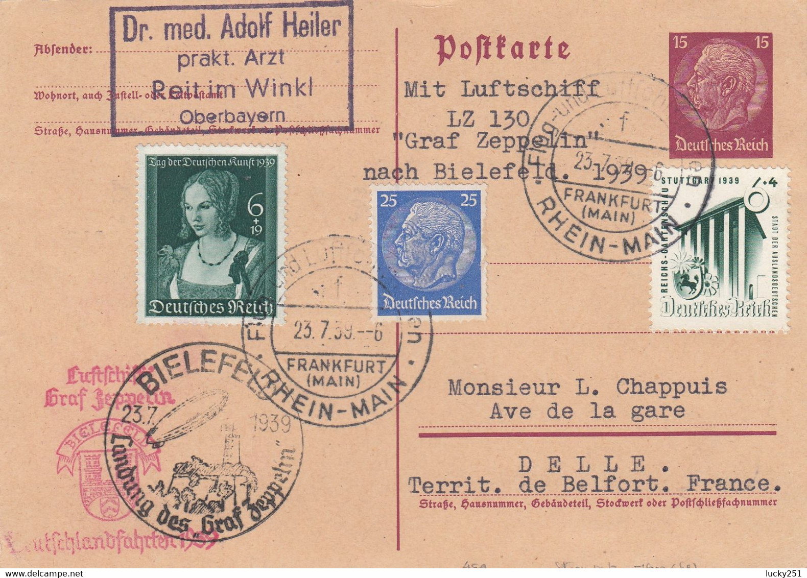 Zeppelin - 1939 - Allemagne - Carte Du 23/07/1939 - Vers La France - Territoire De Belfort - Zeppelines