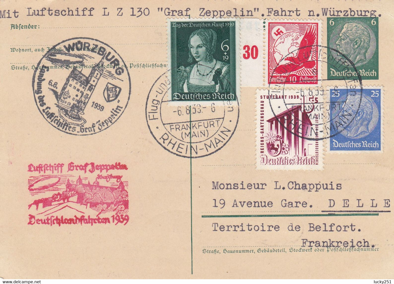 Zeppelin - 1939 - Allemagne - Carte Du 06/08/1939 - Vers La France - Territoire De Belfort - Zeppelines