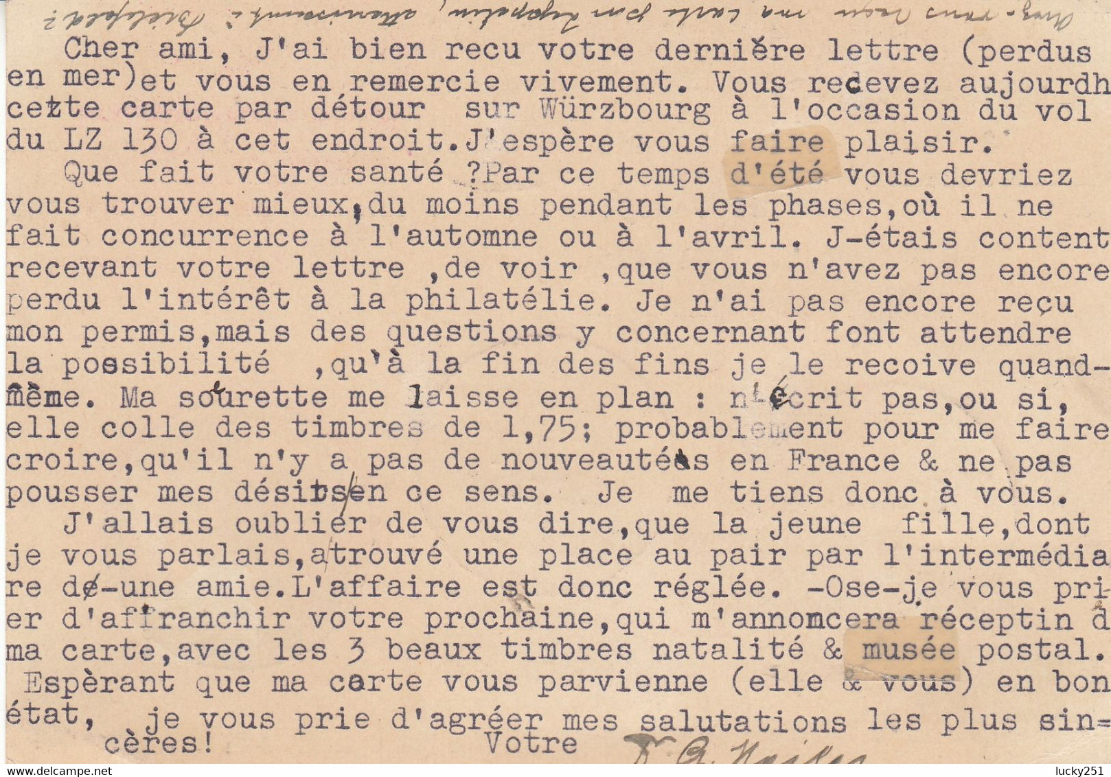 Zeppelin - 1939 - Allemagne - Carte Du 06/08/1939 - Vers La France - Territoire De Belfort - Zeppelin