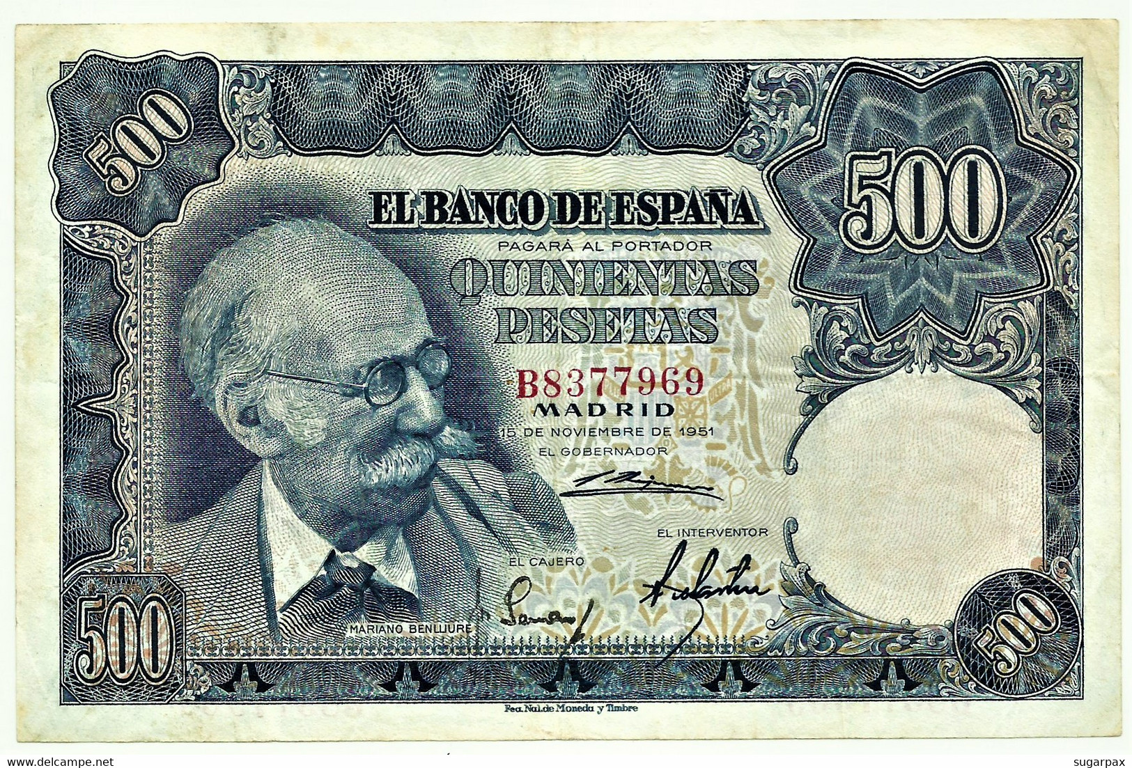 ESPAÑA - 500 Pesetas - 15.11.1951 ( 1952 ) - Pick 142 - Serie B - Mariano Benlliure - 500 Peseten