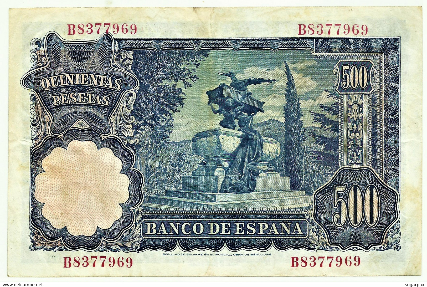 ESPAÑA - 500 Pesetas - 15.11.1951 ( 1952 ) - Pick 142 - Serie B - Mariano Benlliure - 500 Pesetas