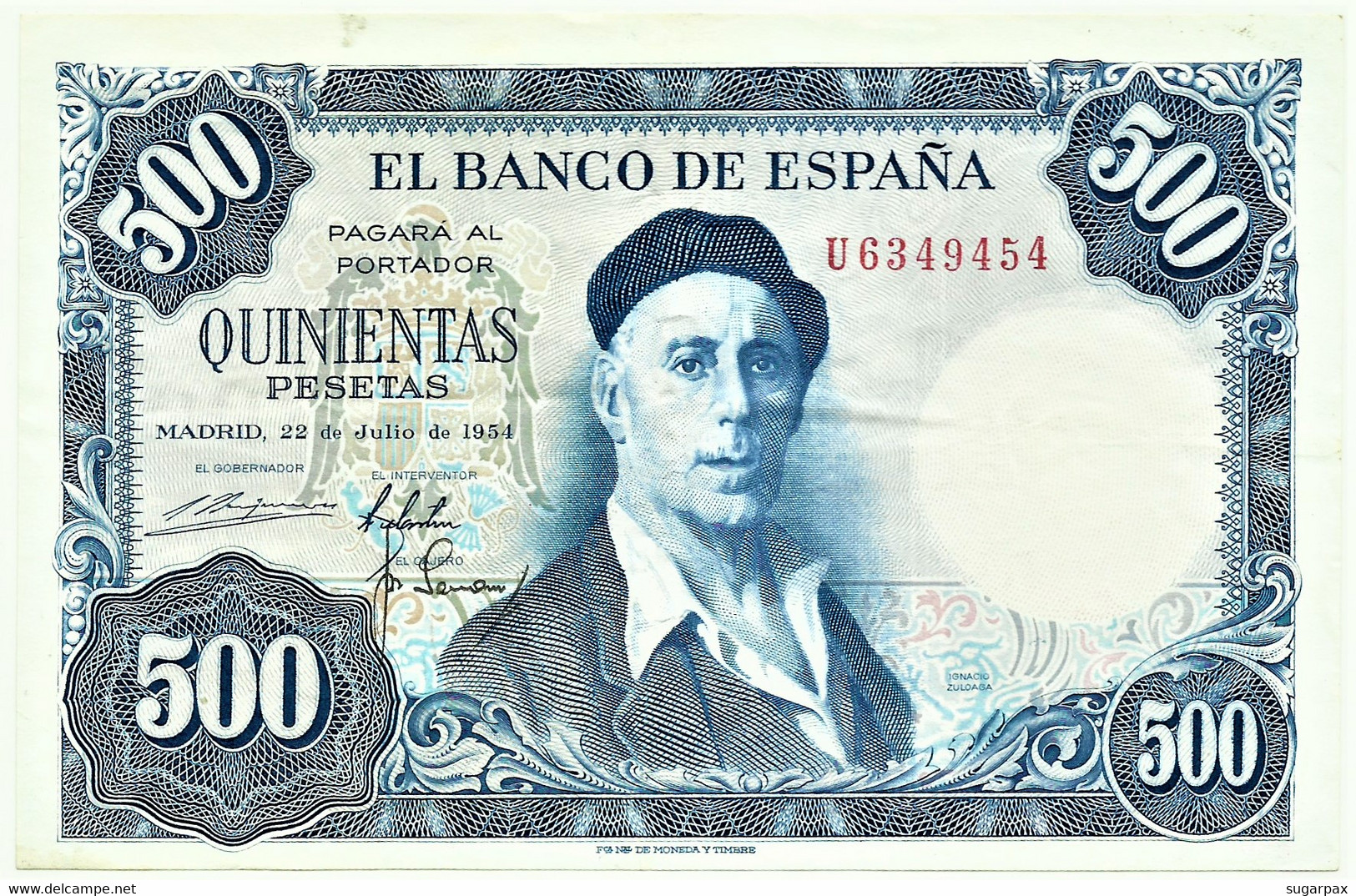 ESPAÑA - 500 Pesetas - 22.07.1954 ( 1958 ) - Pick 148 - Serie U - Ignacio Zuloaga - 500 Pesetas