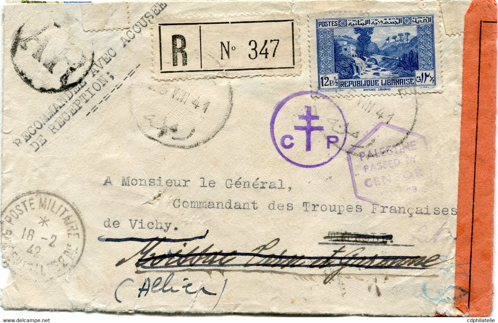 GRAND LIBAN LETTRE RECOMMANDEE AR CENSUREE DEPART ZAHLE 25 VIII 41 POUR TRIPOLI VIA BEYROUTH PUIS POUR LA FRANCE - Covers & Documents