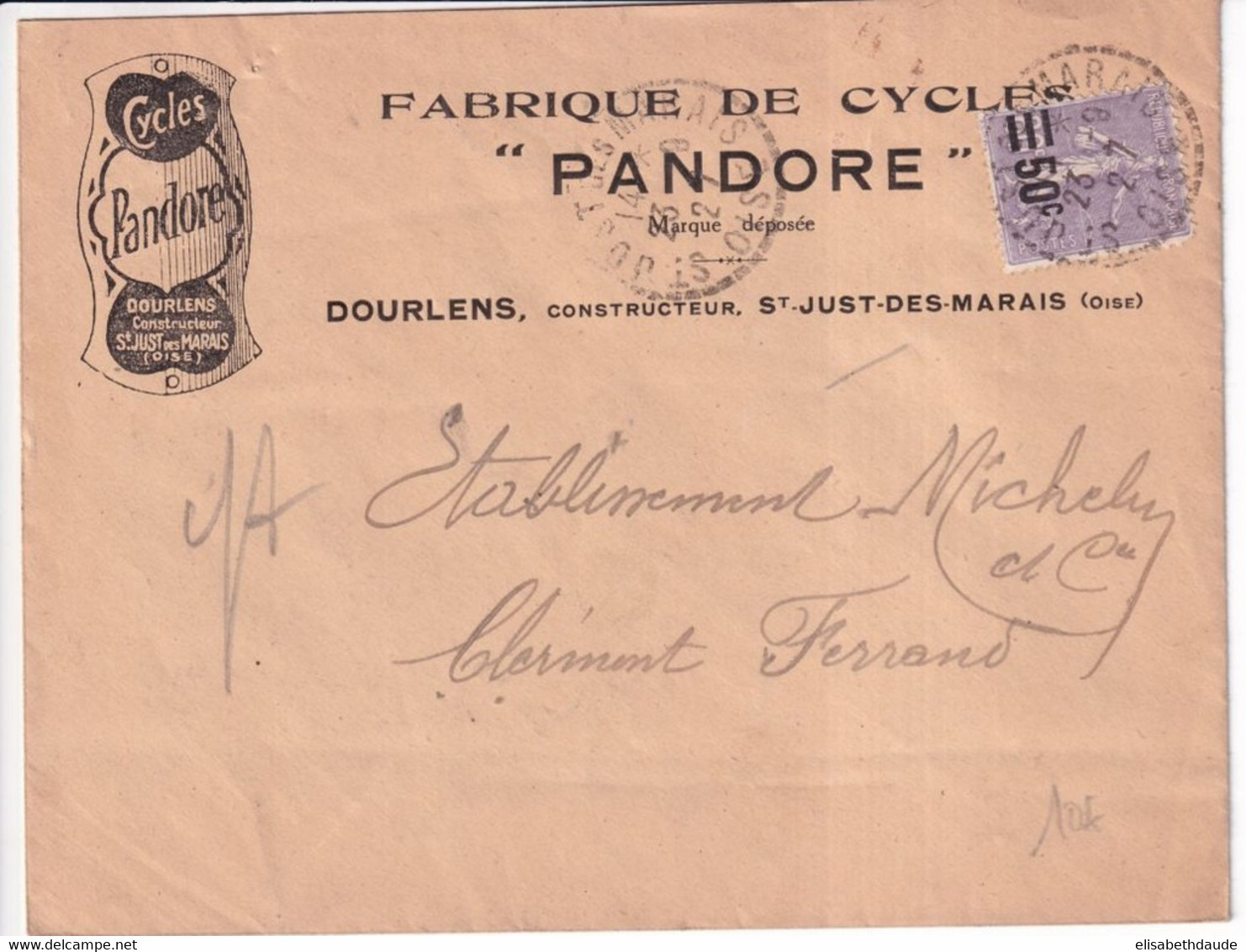 1927 - SEMEUSE SURCHARGEE / ENVELOPPE PUB ILLUSTREE "CYCLES PANDORE" De ST JUST DES MARAIS (OISE) - 1903-60 Semeuse A Righe