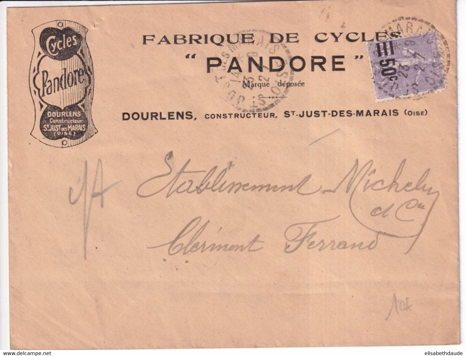 1927 - SEMEUSE SURCHARGEE / ENVELOPPE PUB ILLUSTREE "CYCLES PANDORE" De ST JUST DES MARAIS (OISE) - 1903-60 Säerin, Untergrund Schraffiert