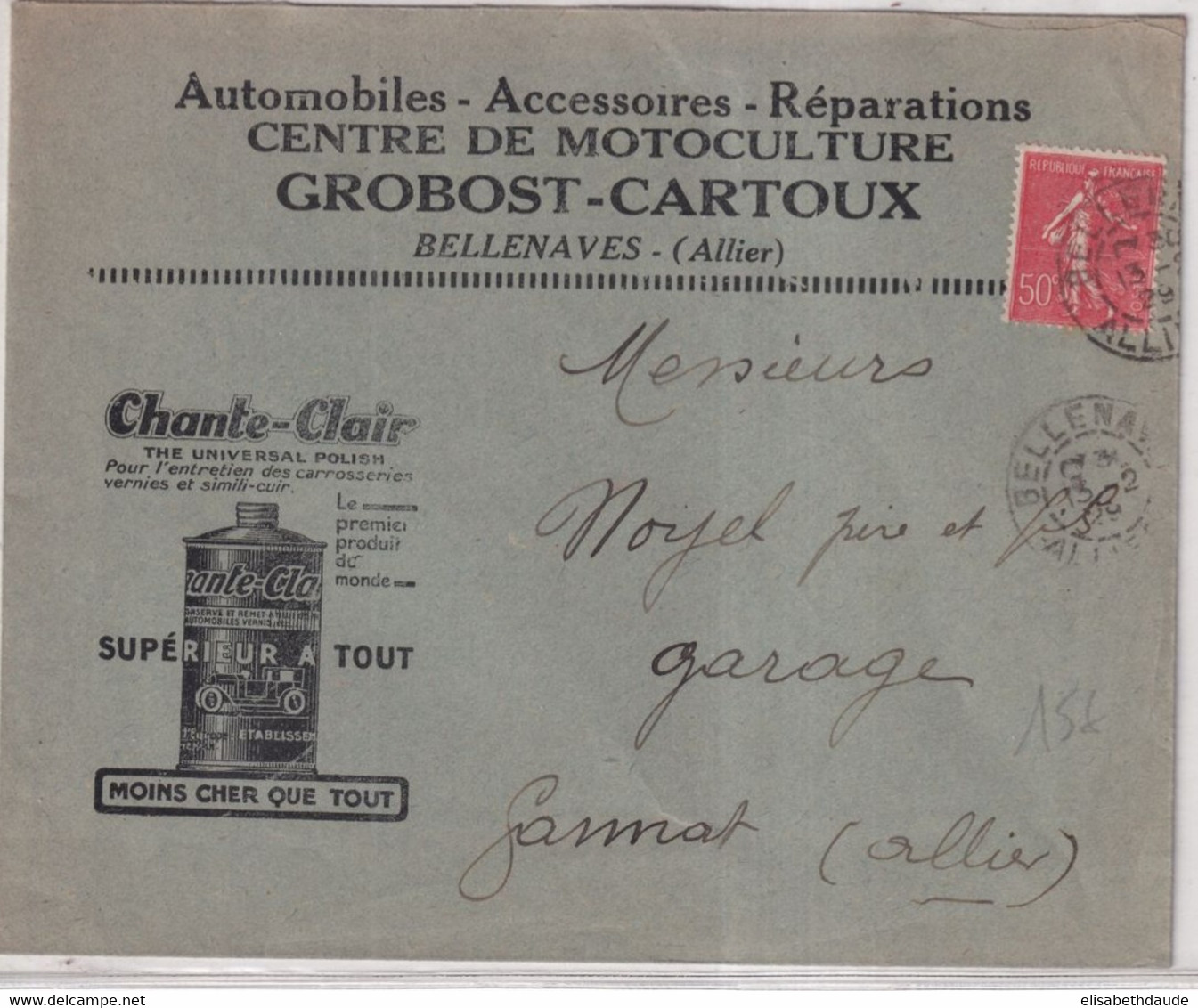 1929 - SEMEUSE / ENVELOPPE PUB ILLUSTREE "AUTOMOBILES GROBOST-CARTOUX" (VOIR DOS) De BELLENAVES (ALLIER) - 1903-60 Semeuse Lignée