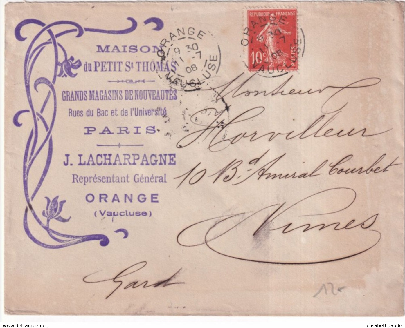 1908 - SEMEUSE / ENVELOPPE PUB ILLUSTREE "MAISON DU PETIT ST THOMAS De PARIS" à ORANGE (VAUCLUSE) - 1906-38 Sower - Cameo