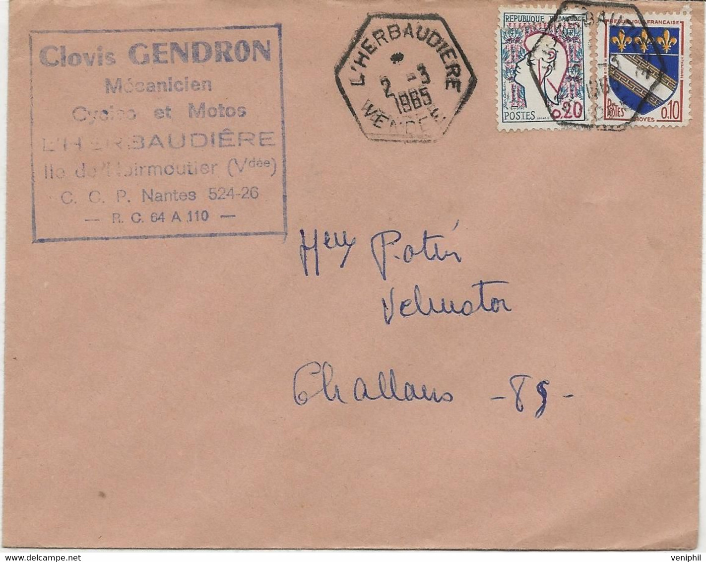 LETTRE AFFRANCHIE N° 1282 ET 1353 OBLITEREE CACHET HEXAGONAL 82 -L'HERBAUDIERE -VENDEE -1965 - Mechanical Postmarks (Other)