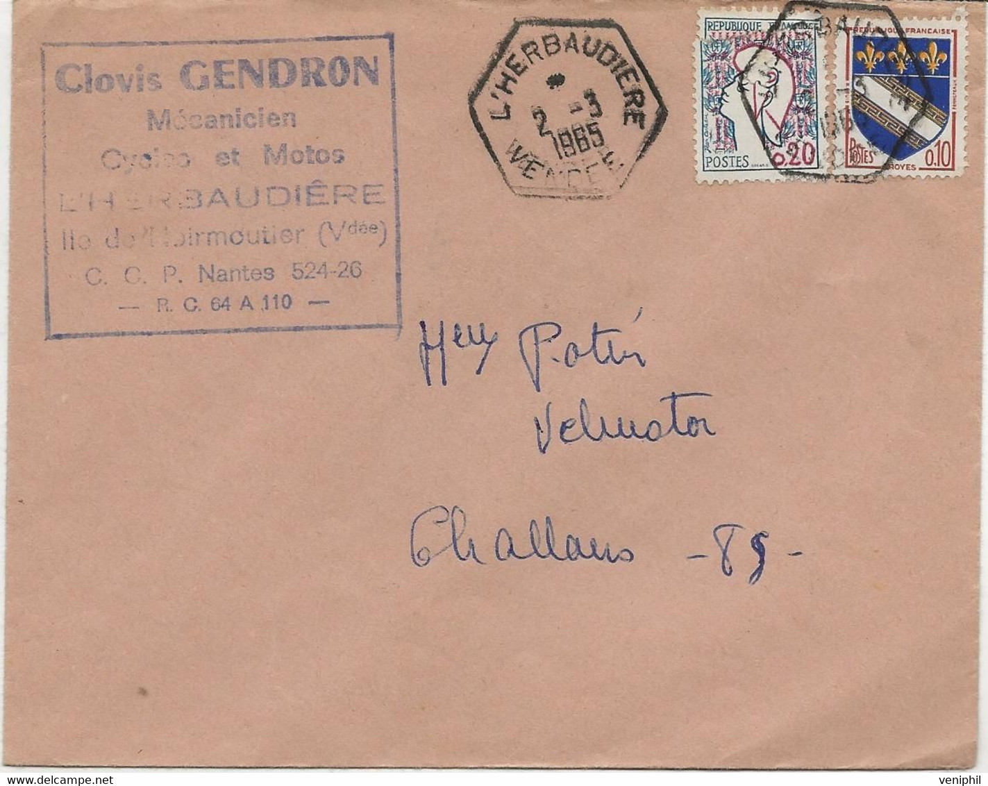 LETTRE AFFRANCHIE N° 1282 ET 1353 OBLITEREE CACHET HEXAGONAL 82 -L'HERBAUDIERE -VENDEE -1965 - Oblitérations Mécaniques (Autres)