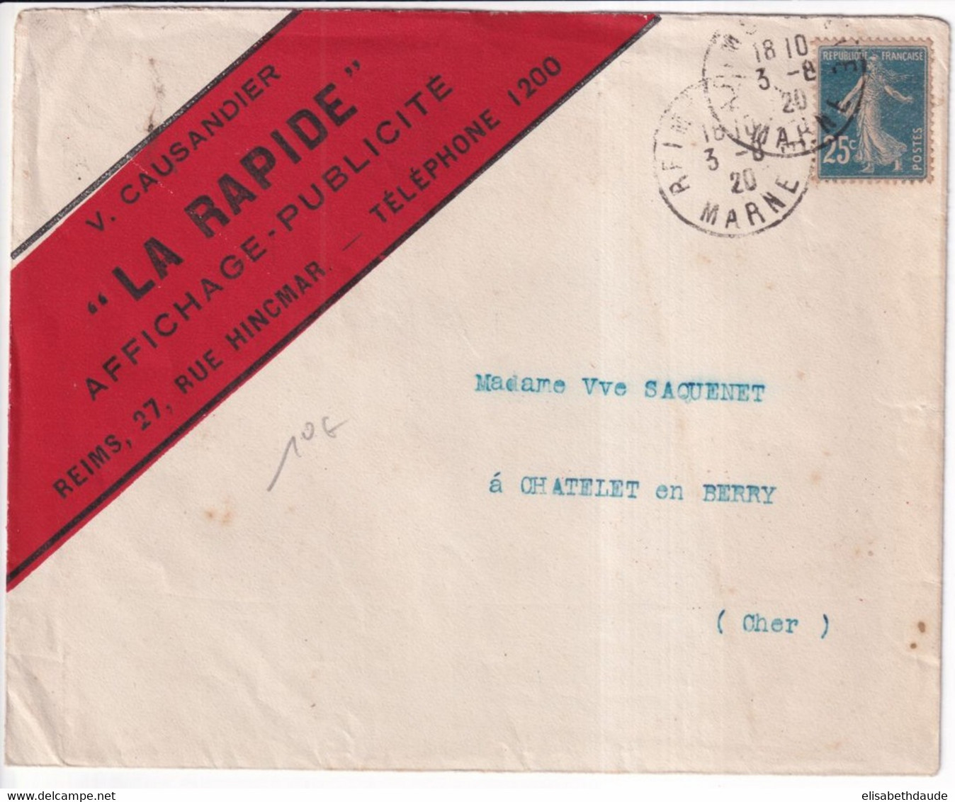 1920 - SEMEUSE / ENVELOPPE PUB ILLUSTREE "AFFICHAGE PUBLICITE LA RAPIDE" à REIMS (MARNE) - 1906-38 Semeuse Con Cameo