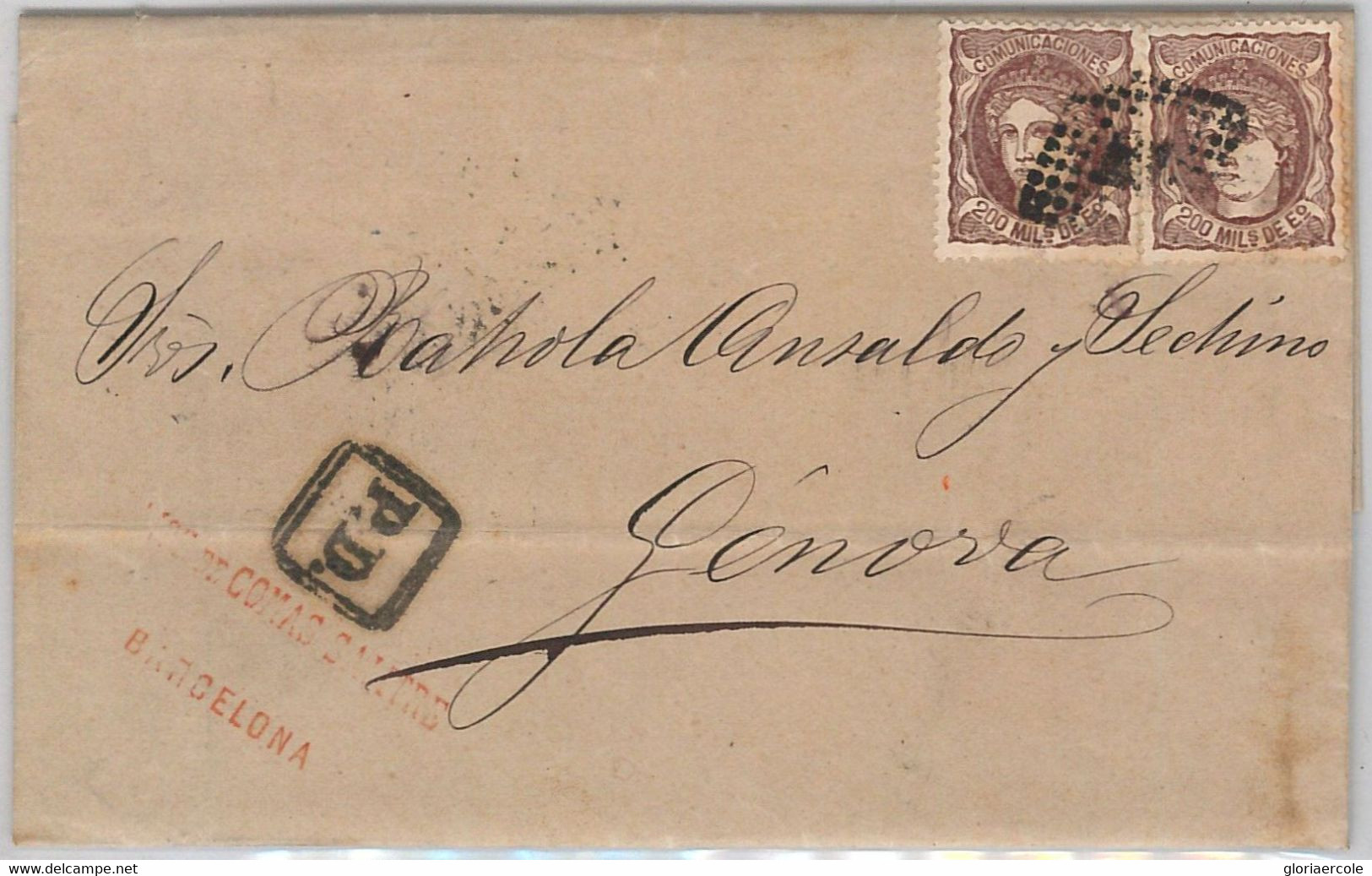 41551  SPAIN  España - POSTAL HISTORY - Edifil 109 X 2 On COVER Sobre BARNA 1871 - Lettres & Documents