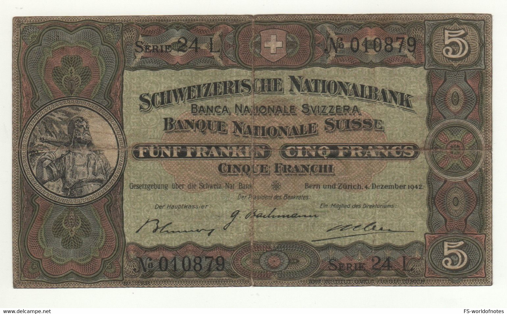 SWITZERLAND  5  Francs   P11j (2)   Dated 4.12.1942   " Wilhelm Tell " - Suisse