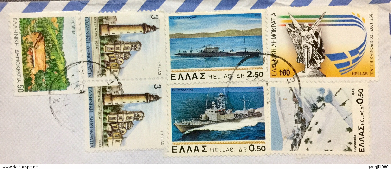 GREECE 1997, USED AIRMAIL COVER TO INDIA,DIFFERENT 7 STAMPS SHIP ,LIGHT HOUSE,FLAG,NATURE,SNOW -MOUNTAIN STATUE, BUILDIN - 1941-45 Ocupacion Japonesa