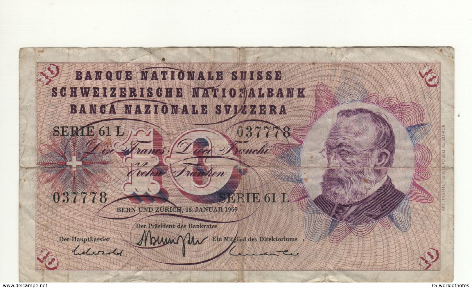 SWITZERLAND  10  Francs   P45o (3)   Dated 11.1.1969   " Gottfried Keller + Flower At Back " - Suisse