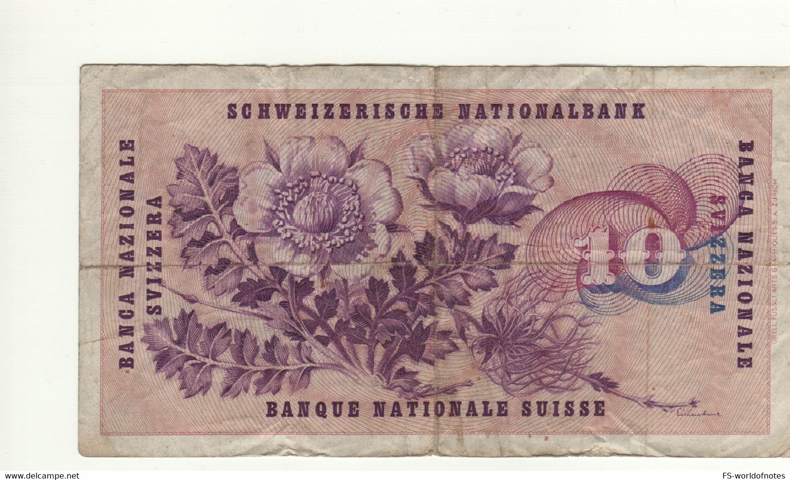 SWITZERLAND  10  Francs   P45o (3)   Dated 11.1.1969   " Gottfried Keller + Flower At Back " - Suisse