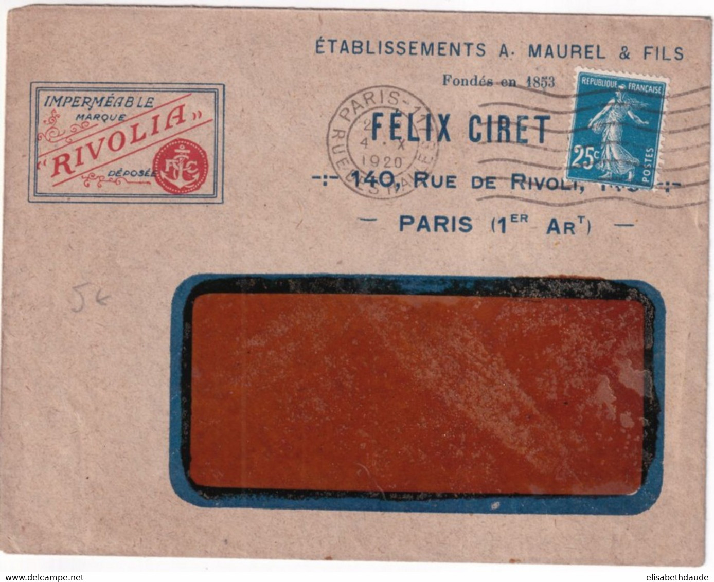 1920 - SEMEUSE / ENVELOPPE PUB ILLUSTREE "IMPERMEABLE RIVOLIA" à PARIS - 1906-38 Semeuse Camée