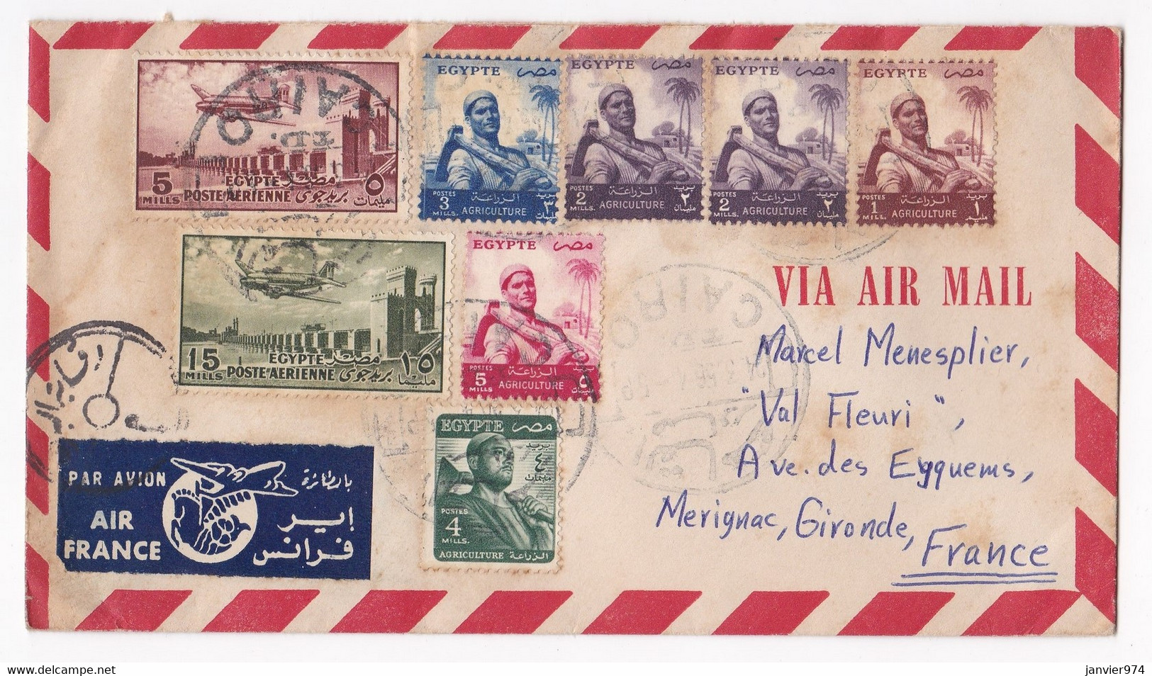 Lettre 1956 Egypte Pour Mérignac Gironde, 8 Timbres - Covers & Documents