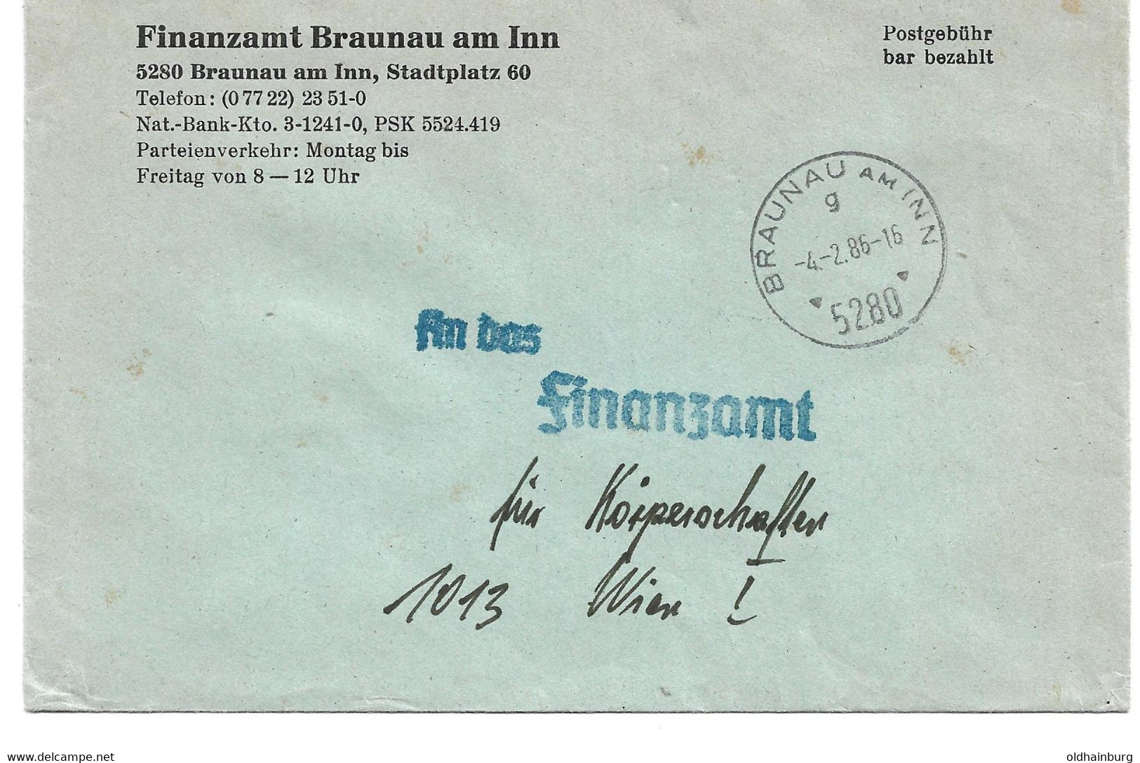 2033j: Gemeindeamts- Kuvert 5280 Braunau Am Inn, Heimatbeleg Aus 1986 - Braunau