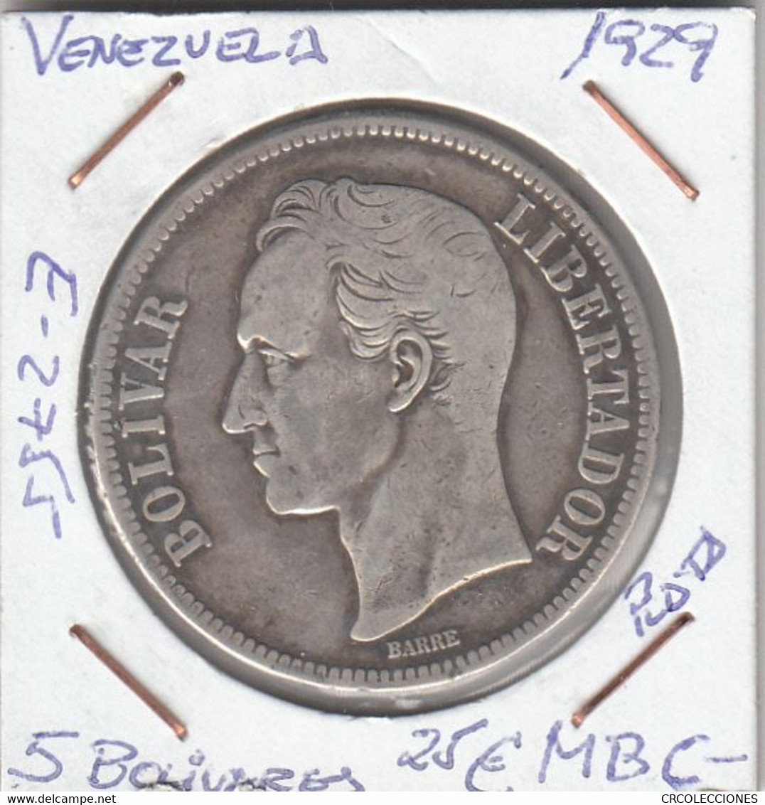E2755 MONEDA VENEZUELA 5 BOIVARES 1929 PLATA MBC- 25 - Venezuela