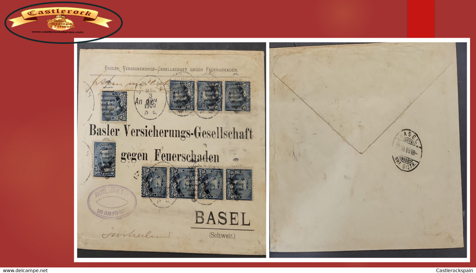 O) 1900 PORTO RICO, US  ADMINISTRATION,  TRANSATLANTIC MAIL AND SPAR, ULYSSES S. GRANT . BASEL CANCELLATION, MULTIPLE ST - Porto Rico