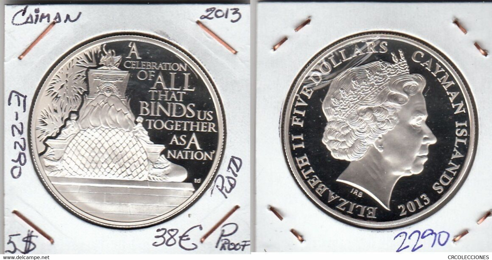 E2290 MONEDA ISLAS CAIMAN 5 DOLARES 2013 PLATA PROOF 38 - Kaimaninseln