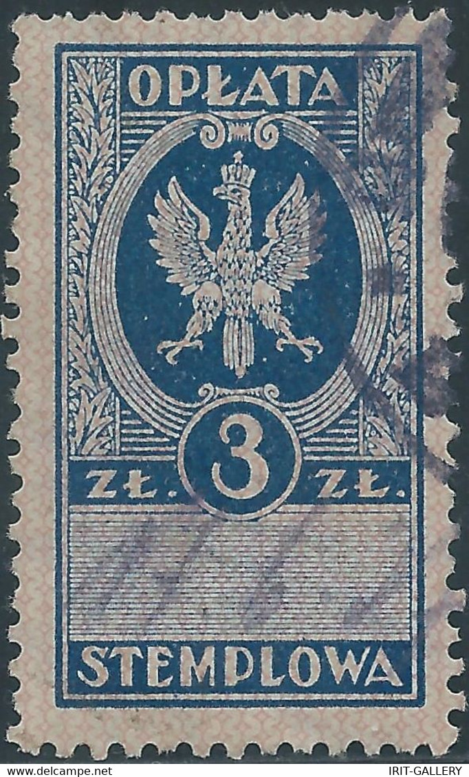 POLONIA-POLAND-POLSKA,Revenue Stamp Fiscal Tax 3ZT.(OPLATA STEMPLOWA)Obliterated - Steuermarken