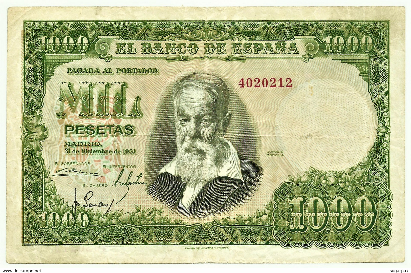 ESPAÑA - 1000 Pesetas - 31.12.1951 ( 1953 ) - Pick 143 - SIN Serie - Joaquin Sorolla - 1.000 - 1000 Peseten