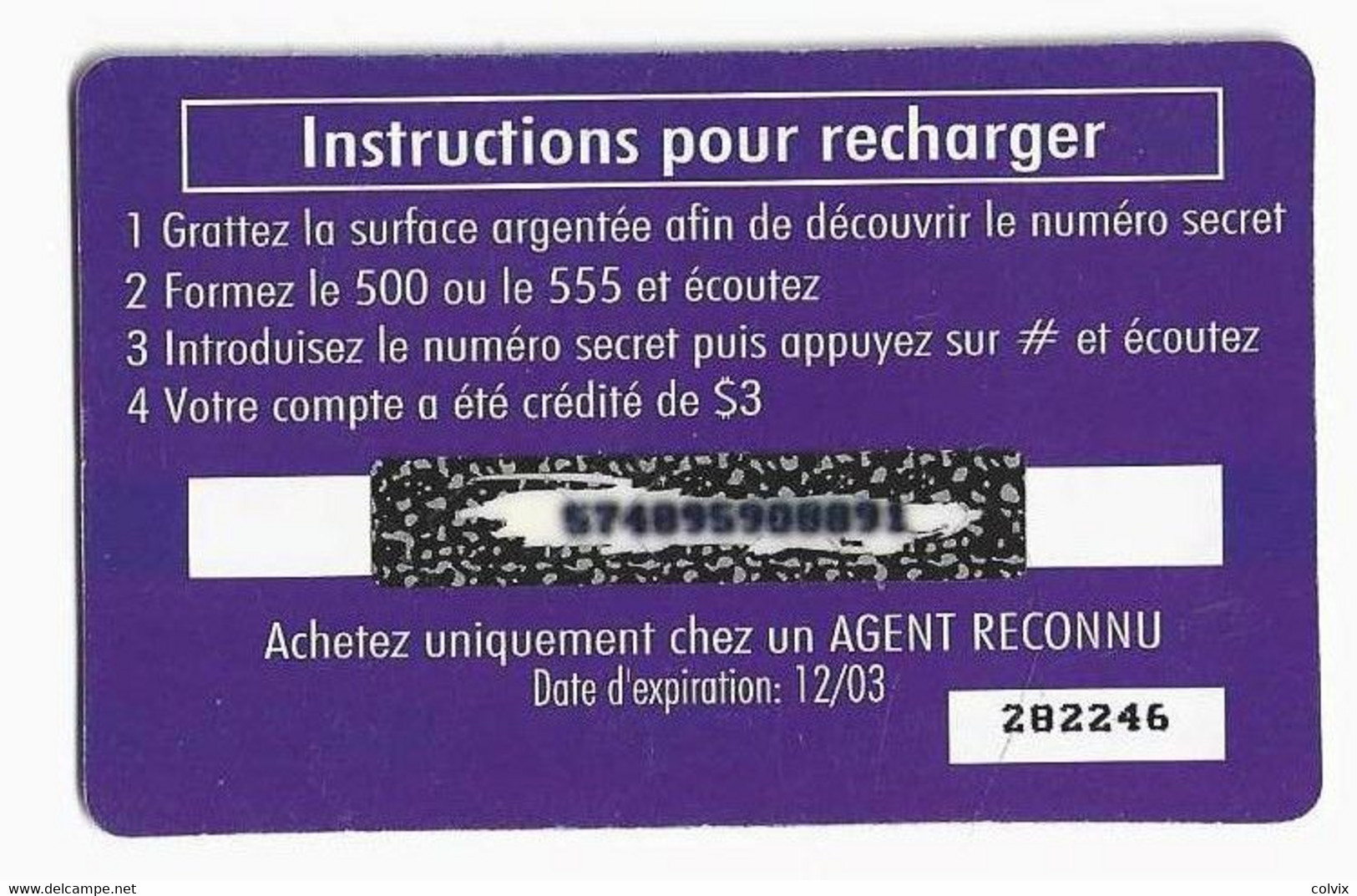 TELECARTE REPUBLIQUE DEMOCRATIQUE DU CONGO RECHARGE SUPER CELL 3$ Date 12/03 - Kongo