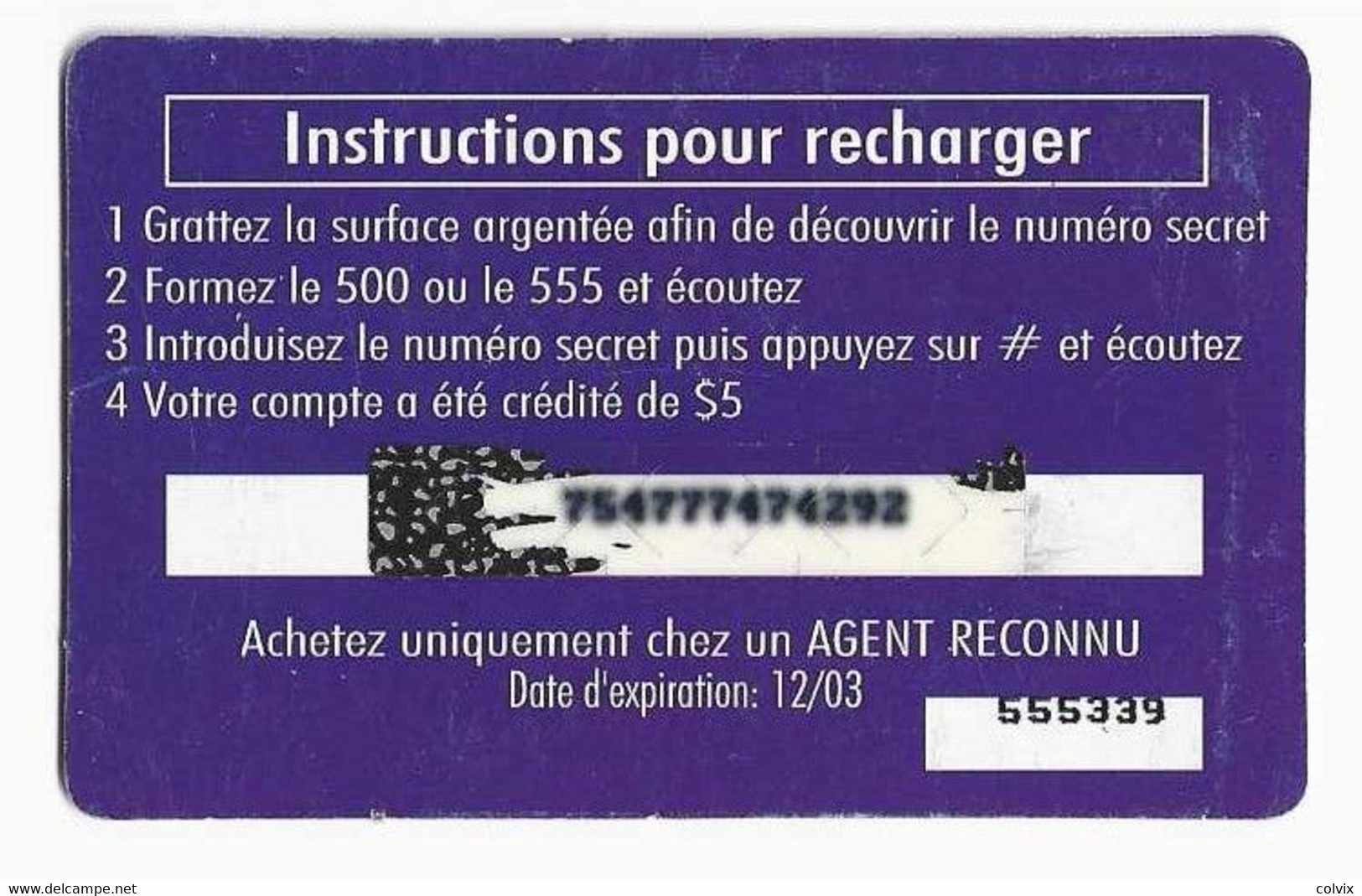 TELECARTE REPUBLIQUE DEMOCRATIQUE DU CONGO RECHARGE SUPER CELL 5$ Date 12/03 - Congo