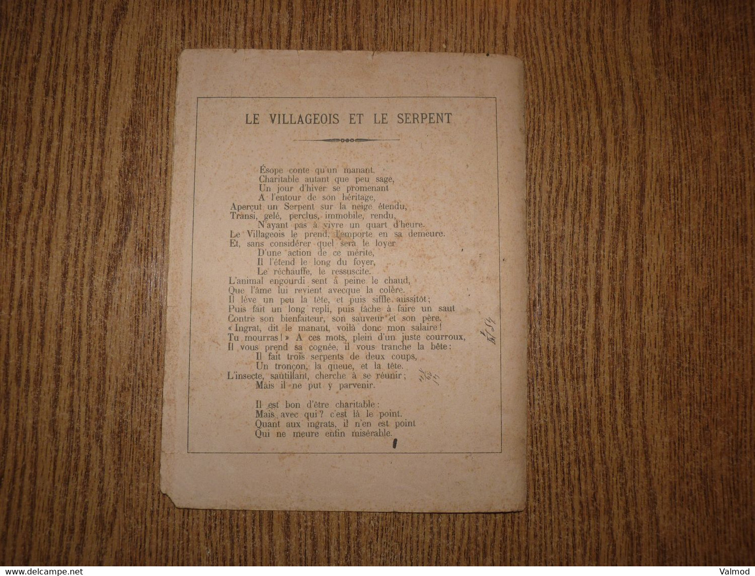 Protège-Cahier/Couverture "Fables De La Fontaine - Le Villageois Et Le Serpent" - Format Plié 22,5 X 17,5 Cm Environ. - Protège-cahiers