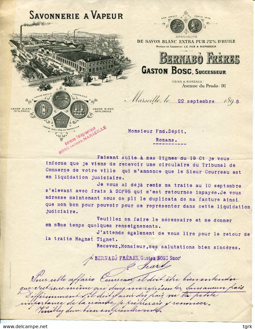 Facture BERNABO Frères GASTON BOSC  Savonnerie à Vapeur Spécialité De Savons 91 Avenue Du Prado Marseille 1898 - Droguerie & Parfumerie