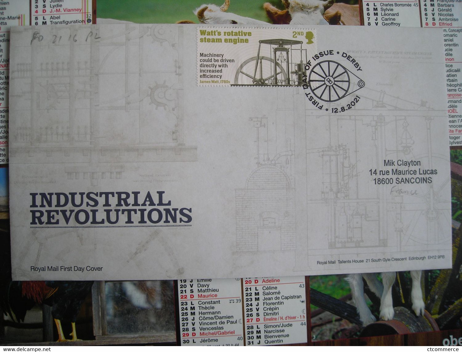 FDC Industrial Revolutions, Watt's Rotative Steam Engine, La Machine à Vapeur Rotative De Watt, Derby - 2011-2020 Decimal Issues