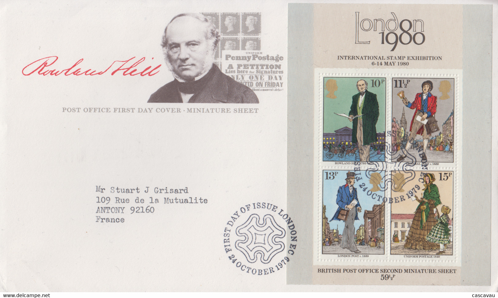 Enveloppe  FDC  1er  Jour   GRANDE  BRETAGNE   Bloc  Feuillet    Sir  Roland  HILL   1979 - 1971-1980 Em. Décimales