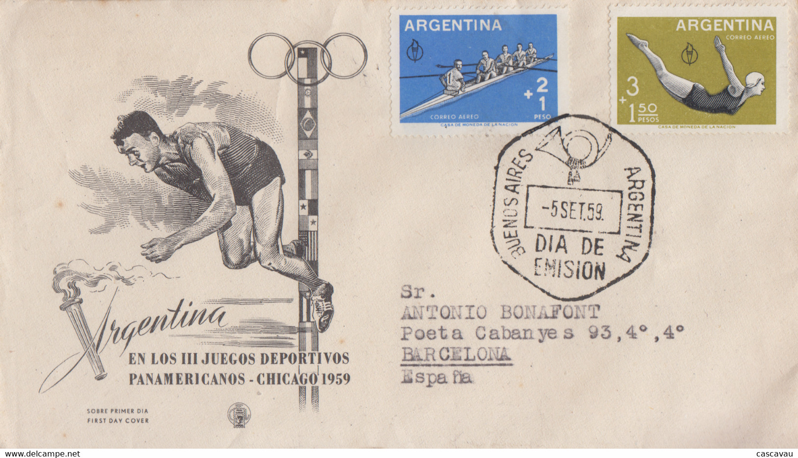 Enveloppe  FDC   1er  Jour   ARGENTINE   3éme   Jeux  Sportifs  Panaméricains  à  CHICAGO   1959 - FDC