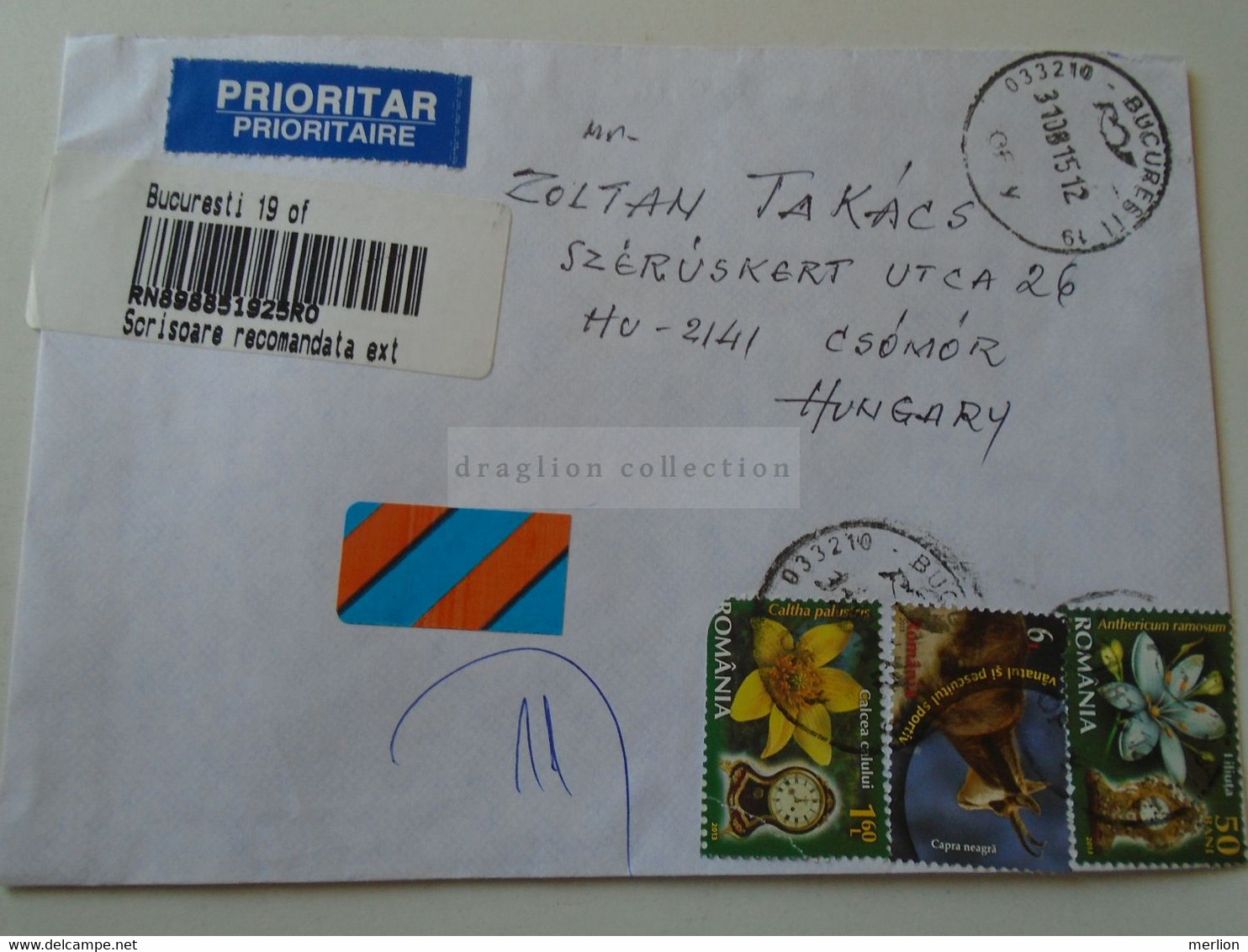 D188403    Romania   Registered Priority  Cover - Cancel 2015  Bucuresti   Sent To  CSÖMÖR,  Hungary - Lettres & Documents