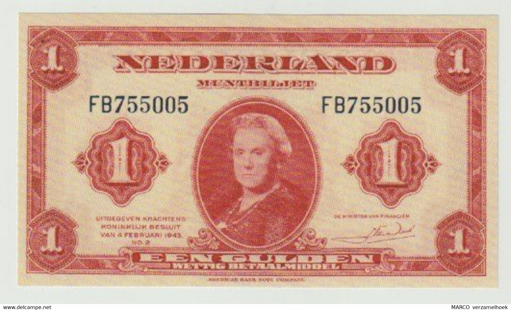 Banknote 1 Gulden 1943 Nederland-the Netherlands Wilhelmina UNC - Autres & Non Classés