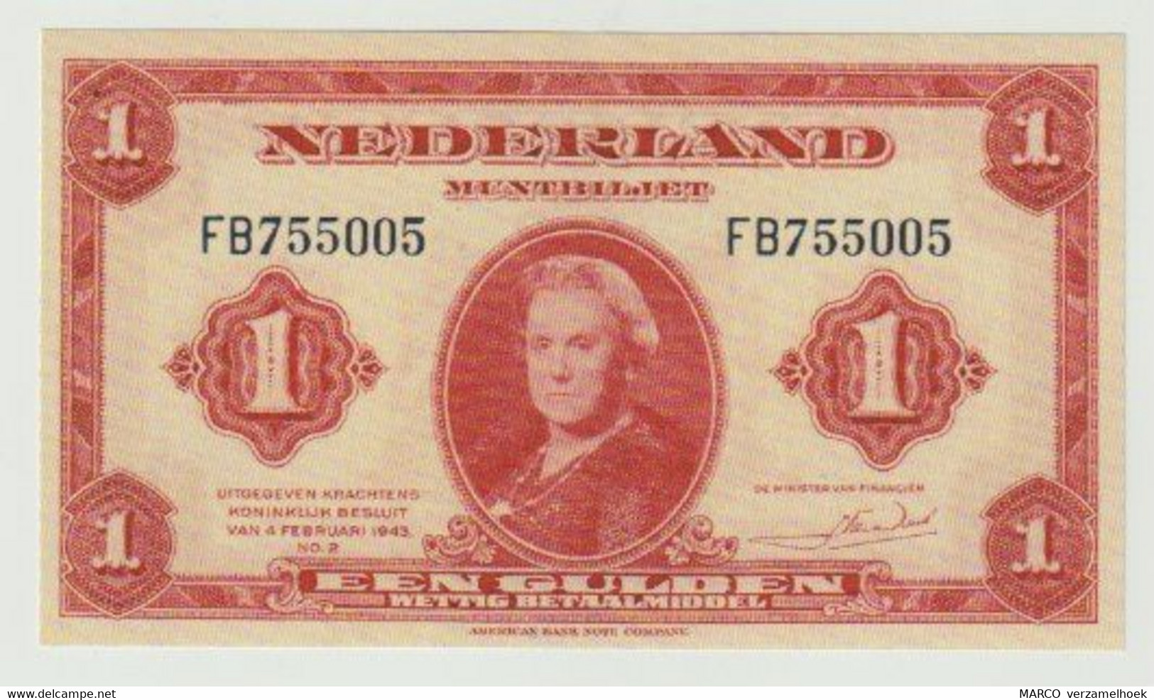 Banknote 1 Gulden 1943 Nederland-the Netherlands Wilhelmina UNC - Altri & Non Classificati