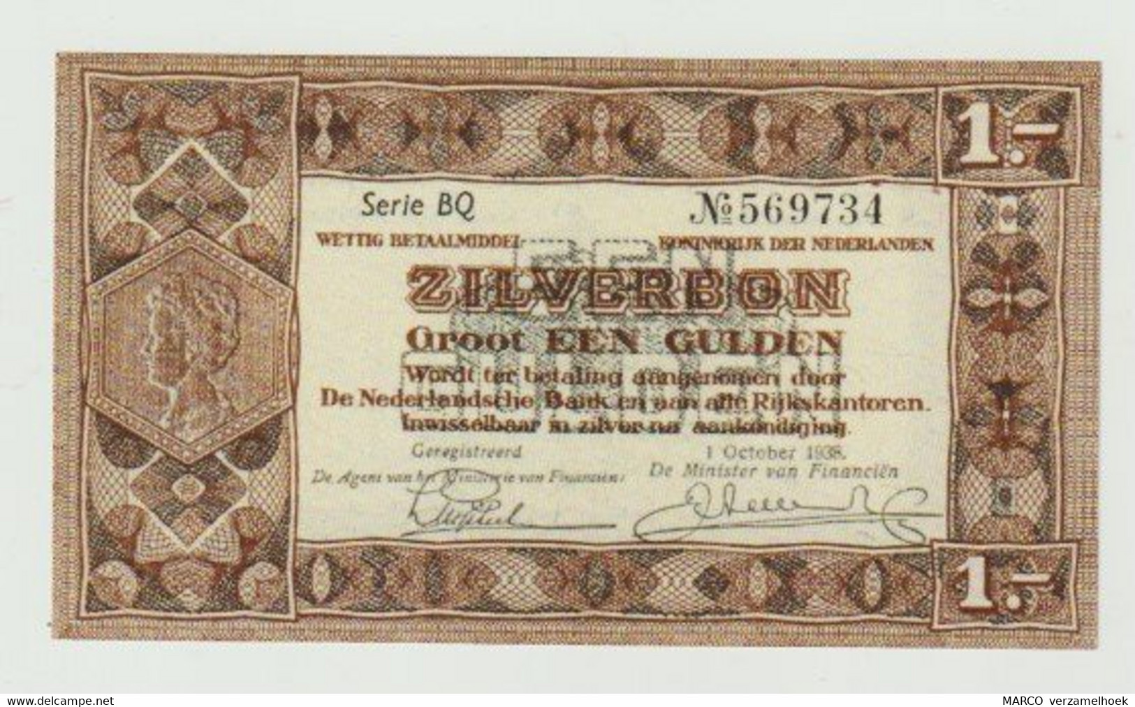 1 Gulden 1938 Nederland-the Netherlands Serie BQ UNC - 1 Gulden