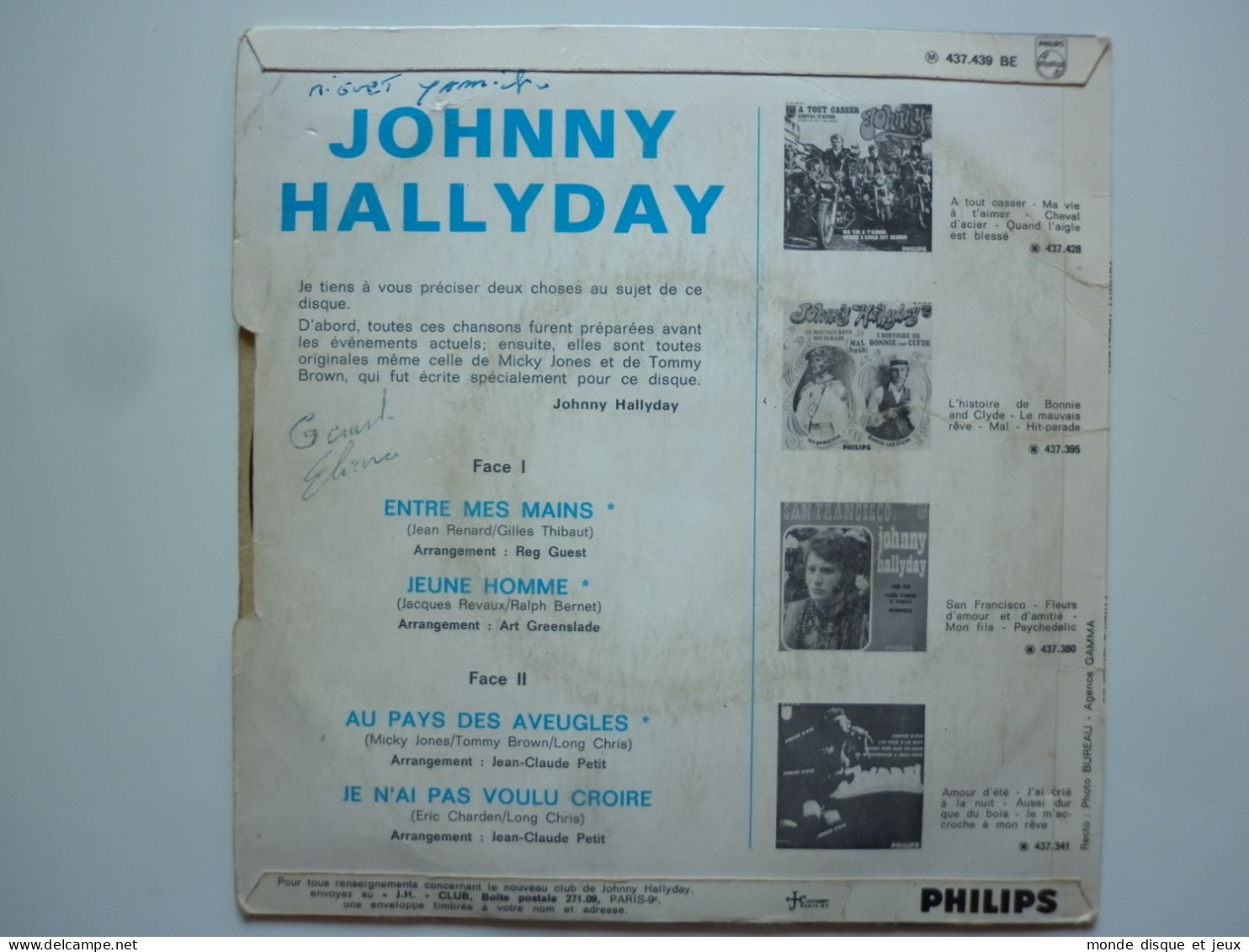 Johnny Hallyday 45Tours EP Vinyle Entre Mes Mains / Jeune Homme Pochette Verso Fan Club Rabat - 45 T - Maxi-Single