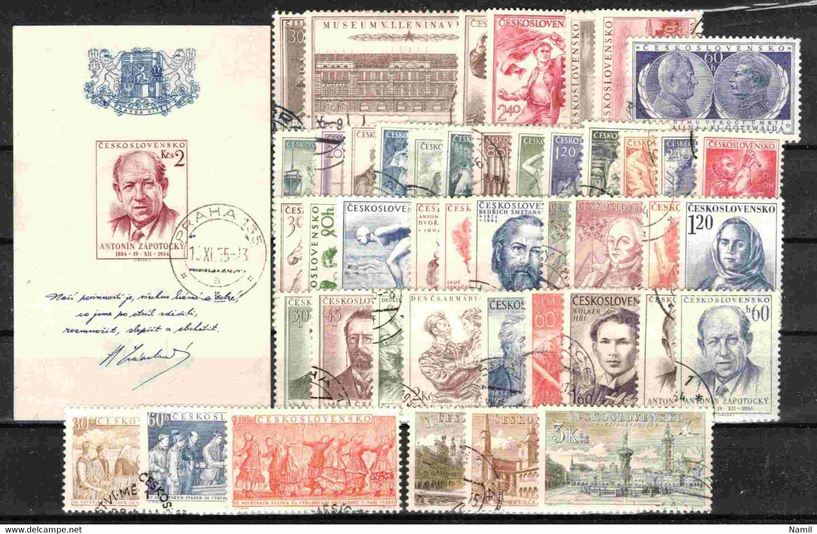 Tchécoslovaquie 1954 Mi 844-888+Bl.15 (Yv 748-789+BF 18), Obliteré, L'année Complete - Volledig Jaar