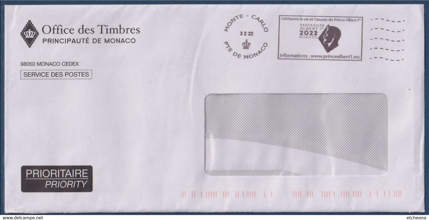 Flamme Célébrons La Vie Et L'oeuvre Du Prince Albert 1er, Centenaire Monaco, Monte Carlo 3 2 22 Enveloppe Fenêtre - Poststempel