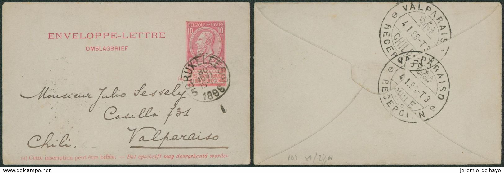 DESTINATION - EP Au Type Enveloppe-lettre 10ctm Rouge (n°46) Obl Simple Cercle "Bruxelles 5" > Valparaiso (Chili) + Arri - Sobres-cartas