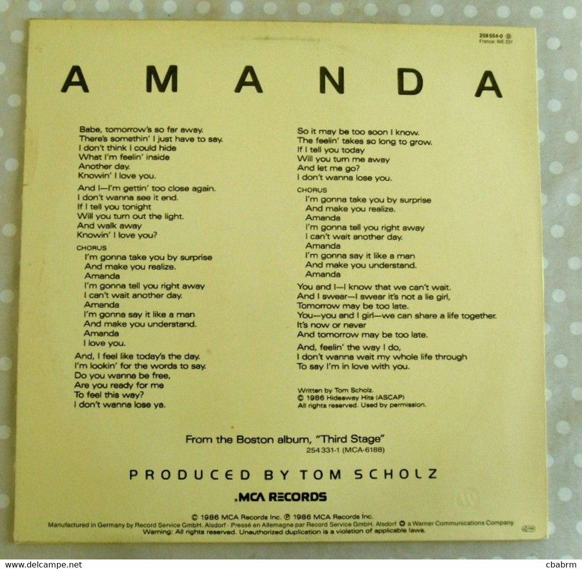 MAXI 45 TOURS BOSTON AMANDA 1986 MCA 258554-0 - 12" - 45 Rpm - Maxi-Single