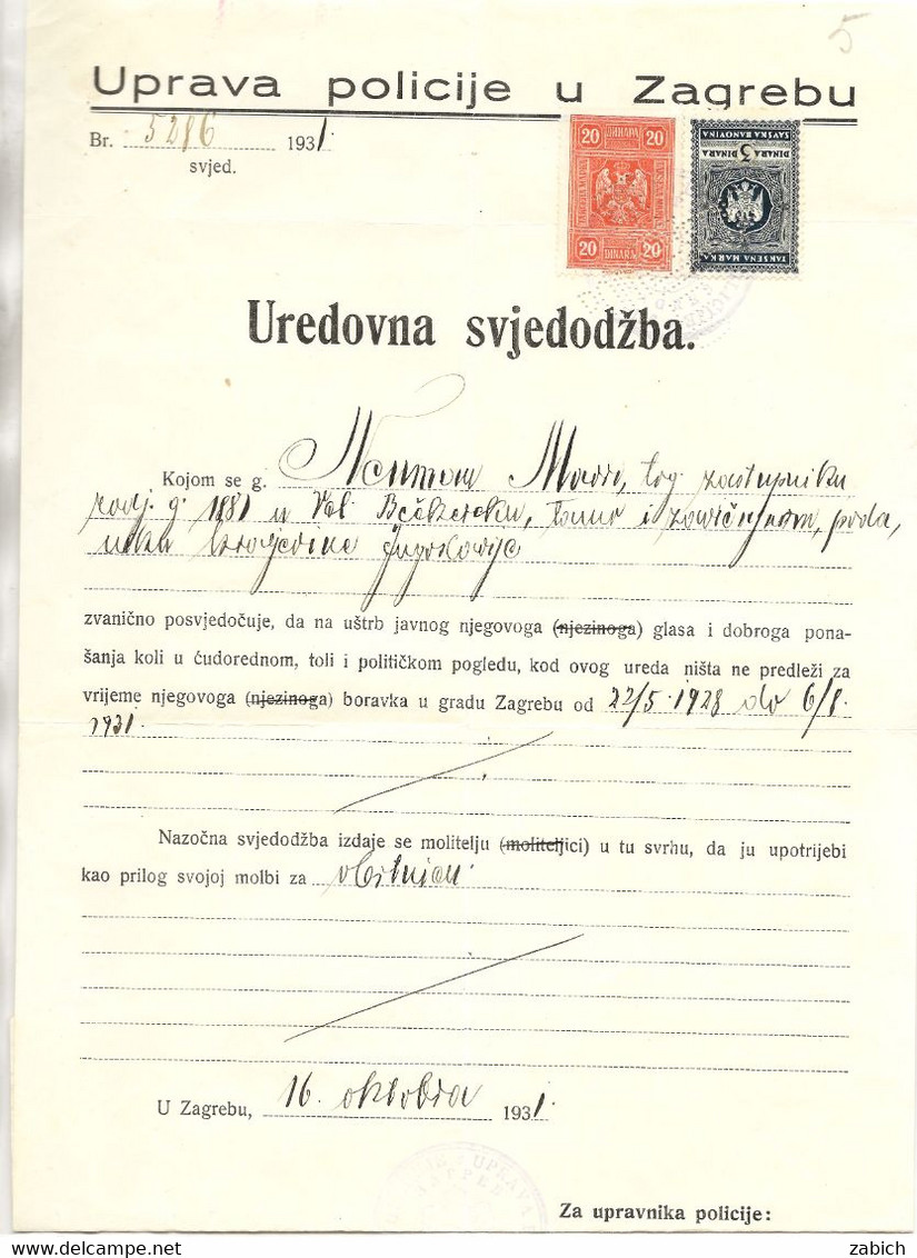 FISCAUX SERBIE Yougoslavie   Timbres  3 Dinar Gris Et 20 Dinar Orange Sur Document Du 126 Octobre 1931 - Serbien