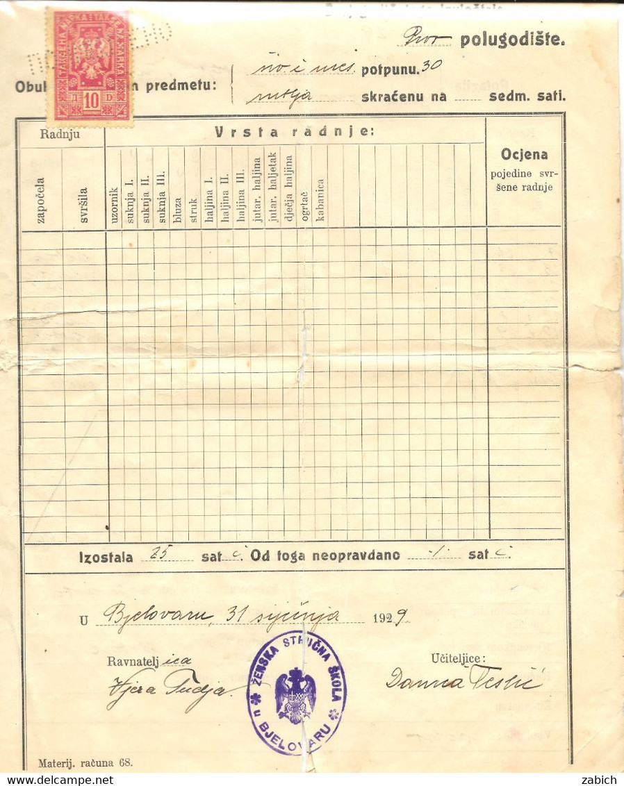 FISCAUX SERBIE Yougoslavie   Timbre 10 Dinar Rouge Sur Document De1929 - Serbia