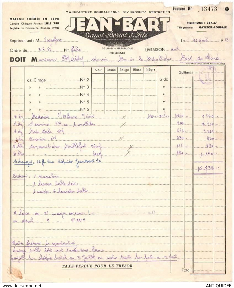 ROUBAIX - JEAN-BART ( Gayet-Bériot & Fils ) - Facture De 1953 - Droguerie & Parfumerie