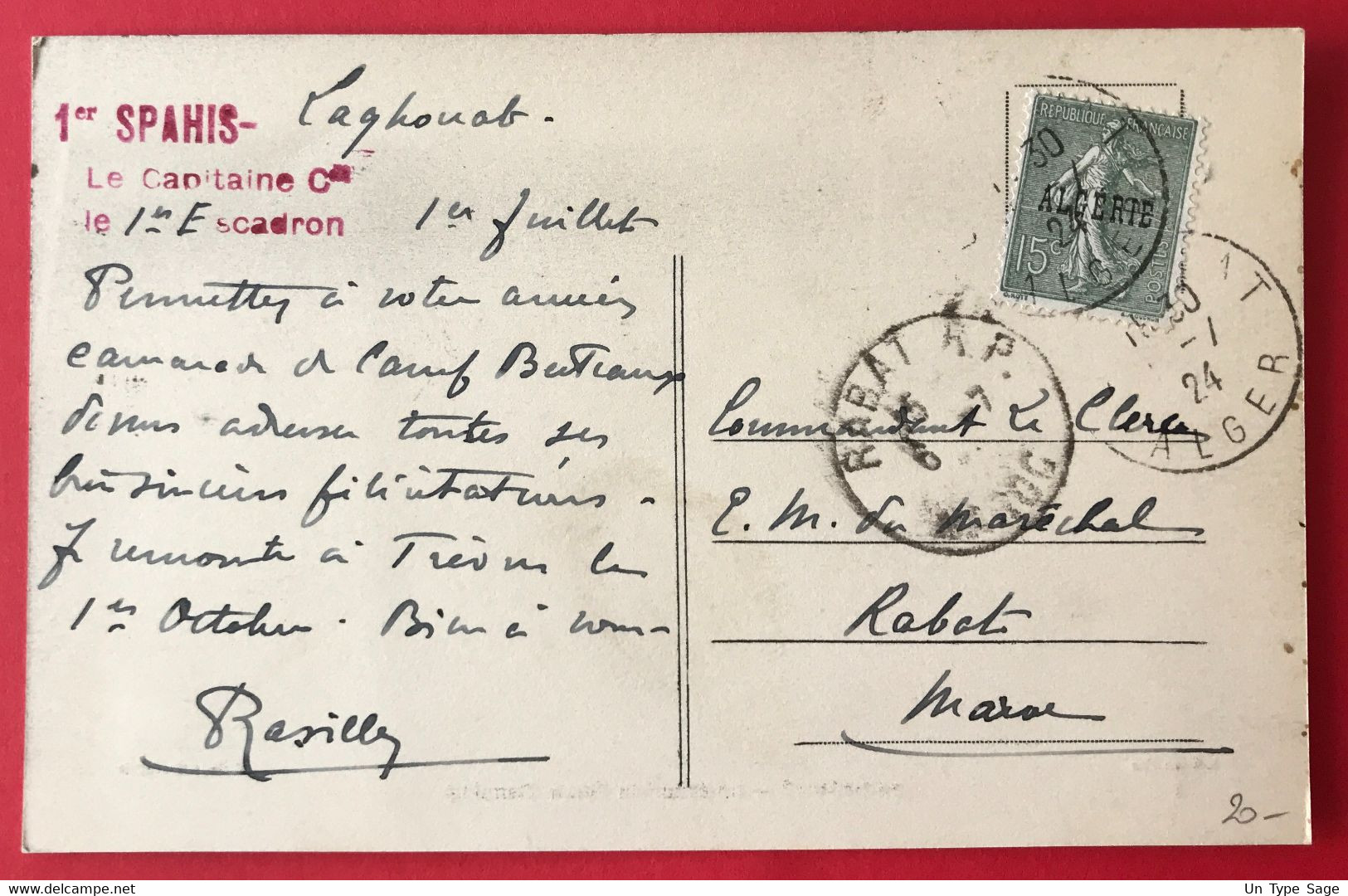 Algérie Sur CPA - TAD LAGHOUAT 1924 - Griffe 1er SPAHIS - Pour Rabat, Maroc - (A286) - Cartas & Documentos