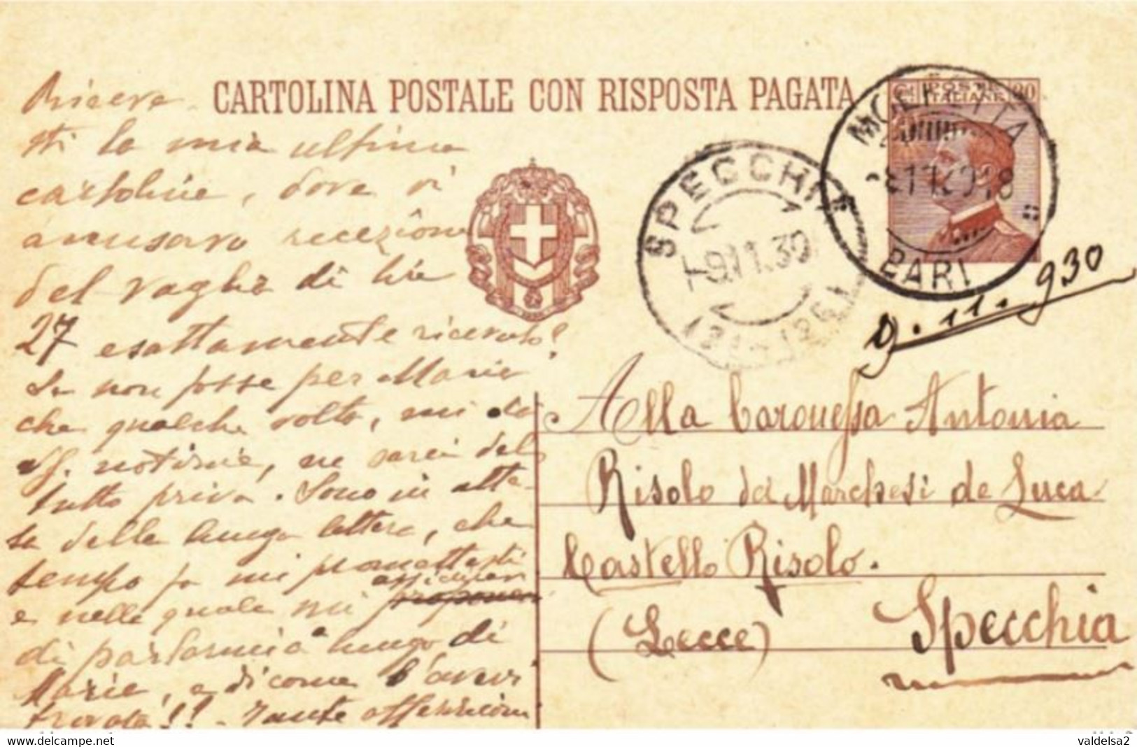 MOLFETTA - BARI - CARTOLINA POSTALE CON RISPOSTA PAGATA DA CENT.30 PER SPECCHIA - VEDERE INDIRIZZO - INTERESSANTE - 1930 - Molfetta